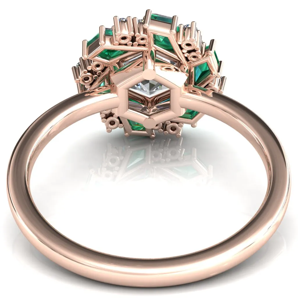 7.0mm Hexagon Center Kite Cut Green Emerald Cluster Halo Ring