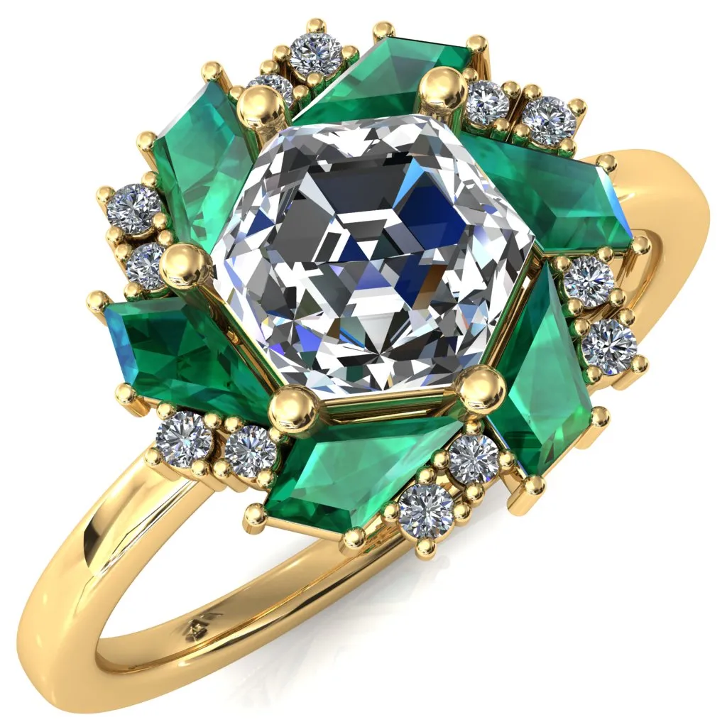 7.0mm Hexagon Center Kite Cut Green Emerald Cluster Halo Ring