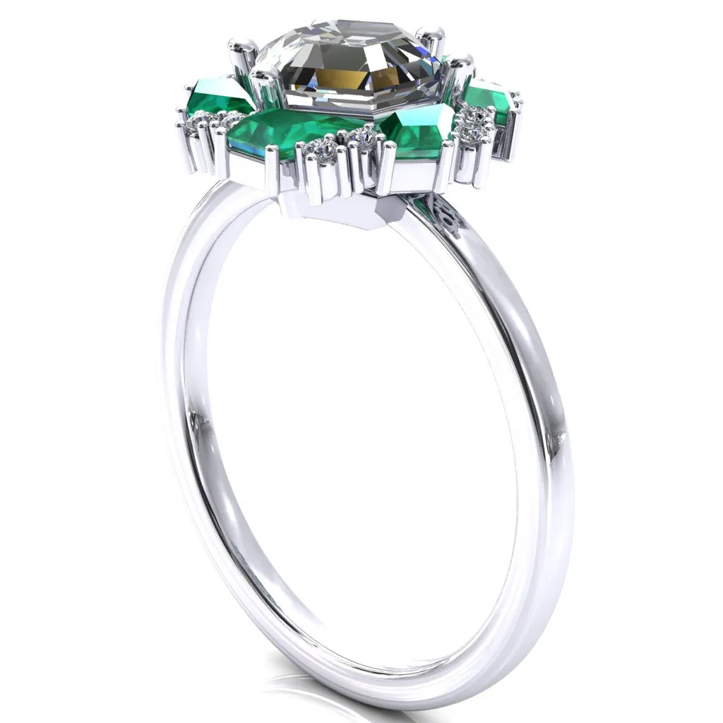 7.0mm Hexagon Center Kite Cut Green Emerald Cluster Halo Ring