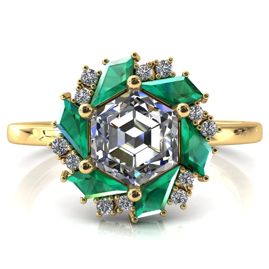 7.0mm Hexagon Center Kite Cut Green Emerald Cluster Halo Ring
