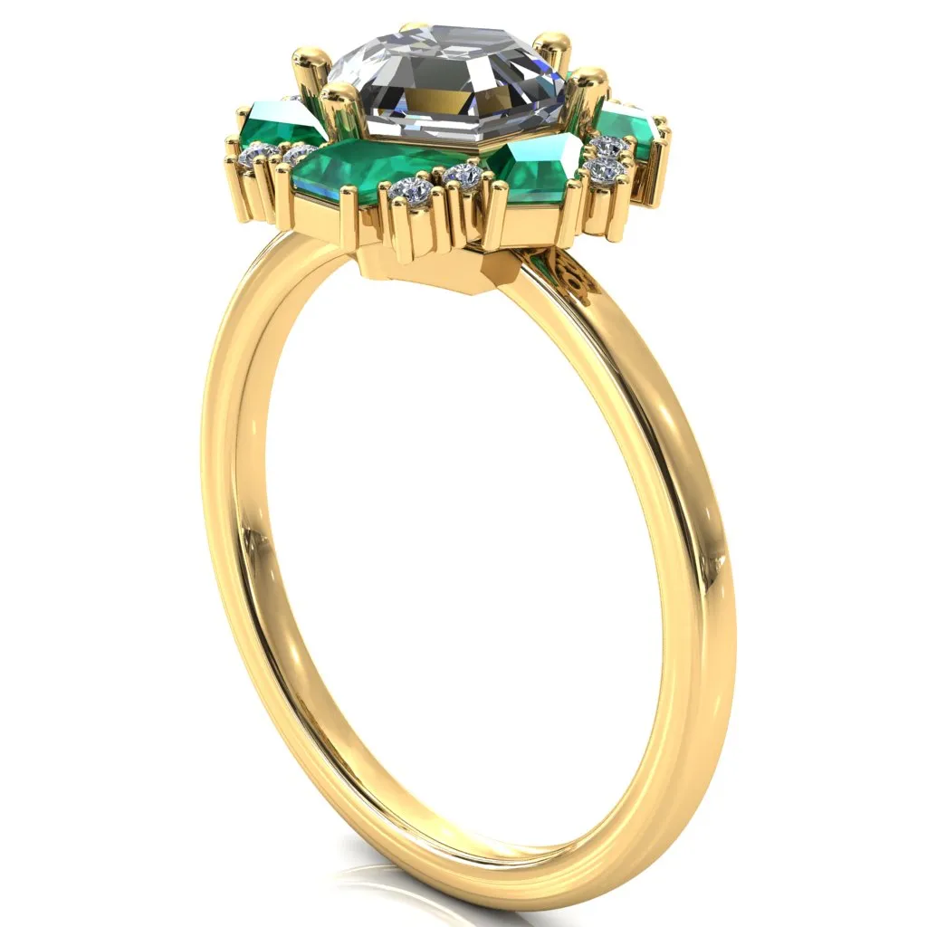 7.0mm Hexagon Center Kite Cut Green Emerald Cluster Halo Ring