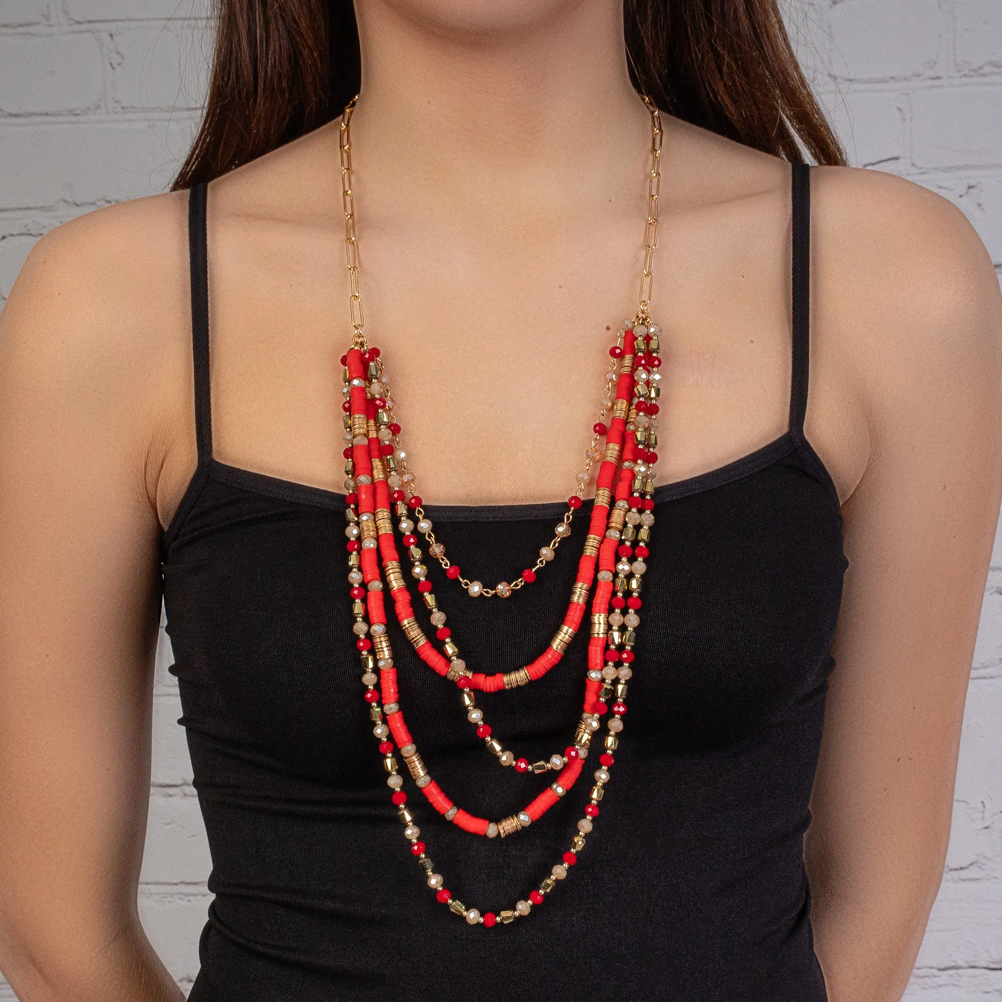 72796 - Layered Crystal Beaded Necklace - Red