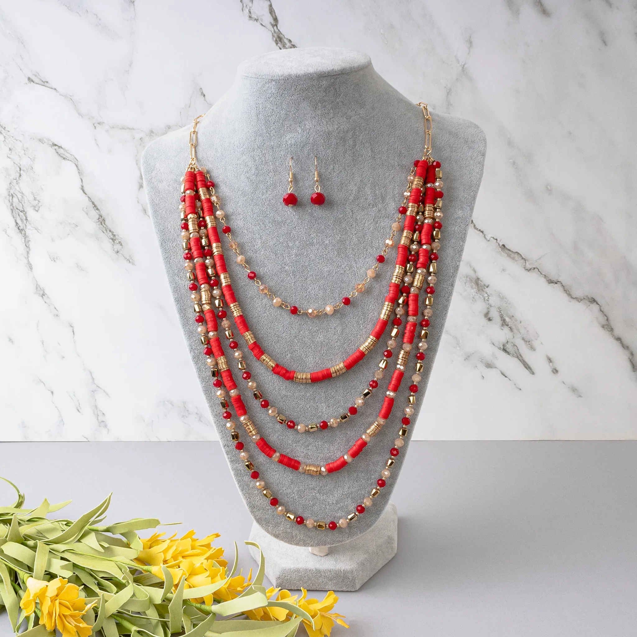 72796 - Layered Crystal Beaded Necklace - Red