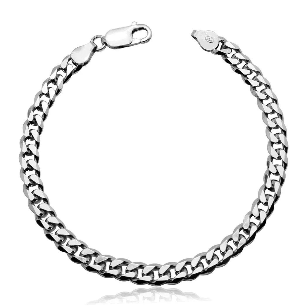 7mm 0.3" Men's Real Solid 925 Sterling Silver Cuban Chain Bracelet 9 inch