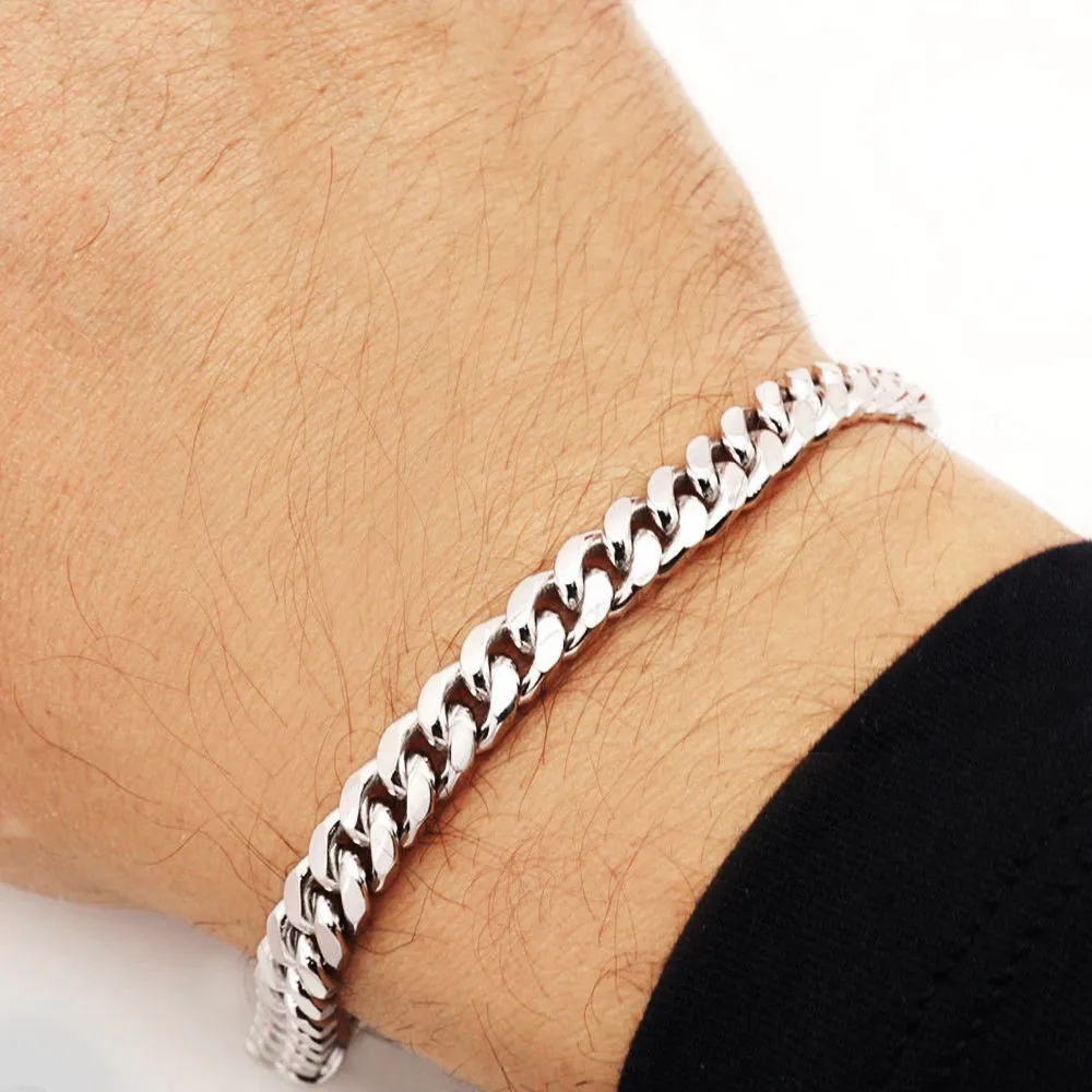 7mm 0.3" Men's Real Solid 925 Sterling Silver Cuban Chain Bracelet 9 inch