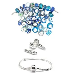 8.0" Snake Chain Bracelet   Ten (10) Pack of Assorted Blue Glass Beads