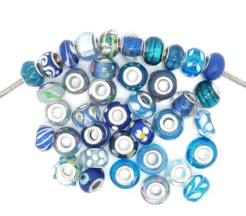 8.0" Snake Chain Bracelet   Ten (10) Pack of Assorted Blue Glass Beads