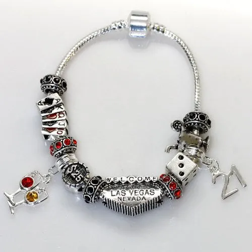 8.5" Viva Las Vegas Theme Charm with 12 Charms, Pocker Cards,Casino Chips,Dice,Martini Glass & Crystals charm beads, For Snake Chain Bracelets