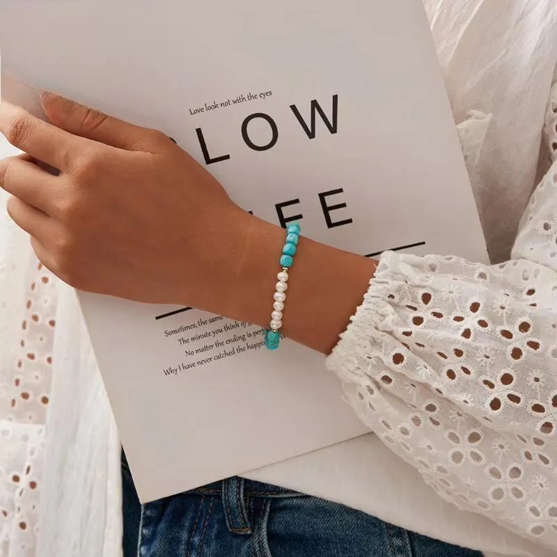 925 Silver 14K Gold Turquoise Stone Beads Bracelet With Round Pearl  Healing Bracelet
