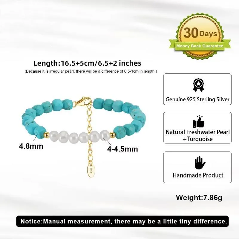 925 Silver 14K Gold Turquoise Stone Beads Bracelet With Round Pearl  Healing Bracelet