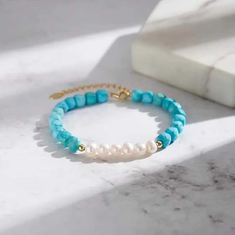 925 Silver 14K Gold Turquoise Stone Beads Bracelet With Round Pearl  Healing Bracelet