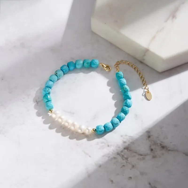 925 Silver 14K Gold Turquoise Stone Beads Bracelet With Round Pearl  Healing Bracelet