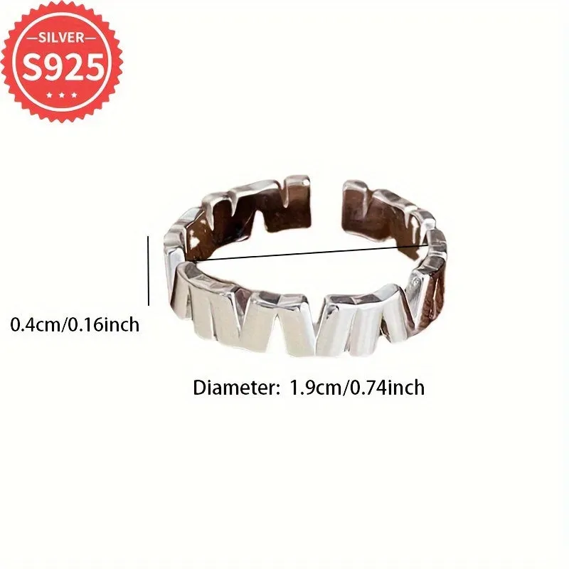 925 Silver Geometric Stripe Ring Open Band Vintage Style