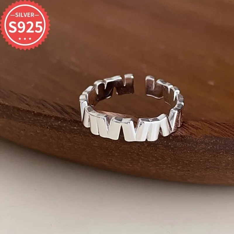 925 Silver Geometric Stripe Ring Open Band Vintage Style