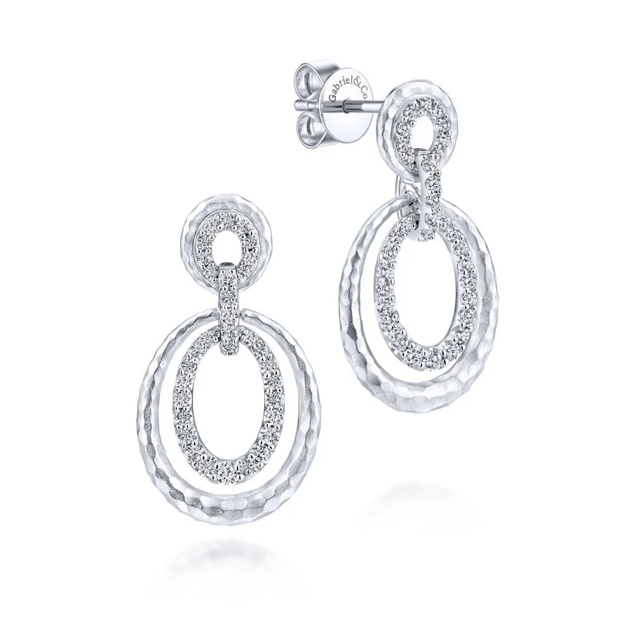 925 Sterling Silver Hammered Layered Circle White Sapphire Drop Earrings