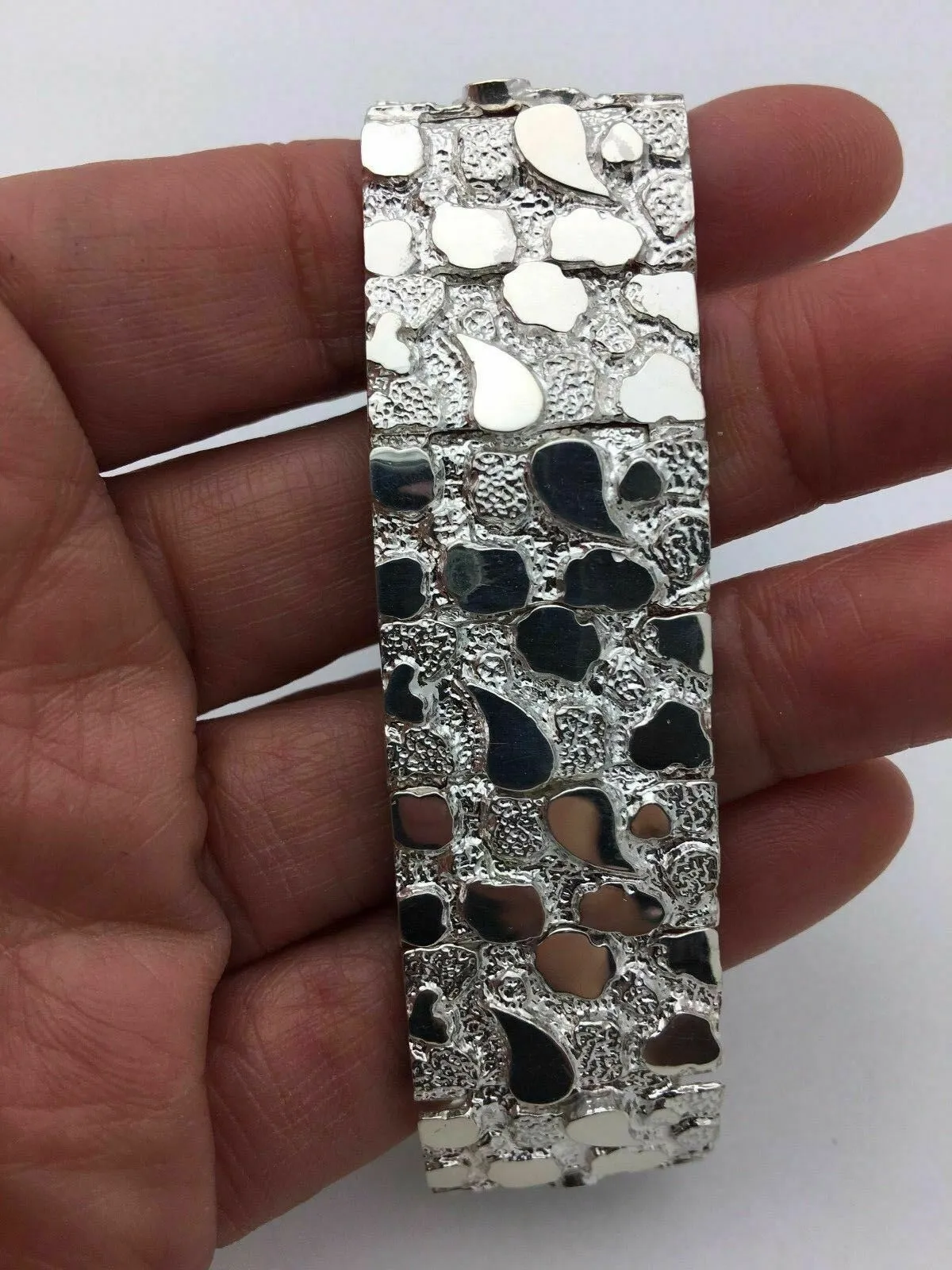 925 Sterling Silver Solid Nugget Bracelet Adjustable 8.25" 21mm 51.5 grams