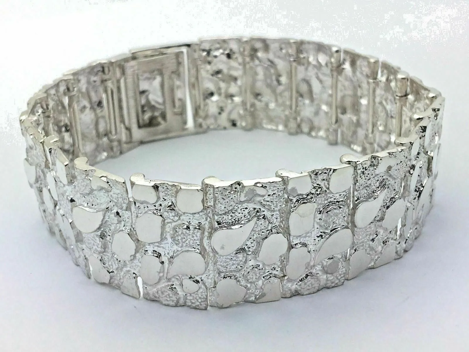 925 Sterling Silver Solid Nugget Bracelet Adjustable 8" 21.5mm 51.3 grams