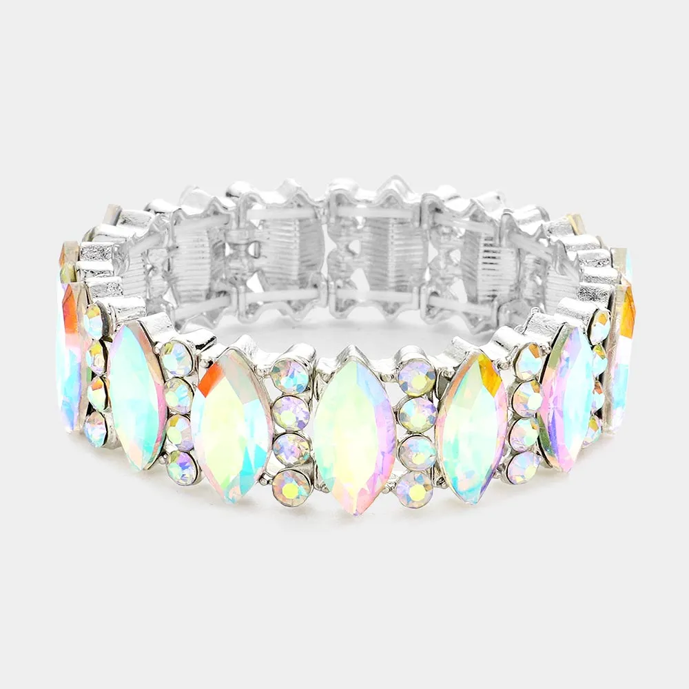 AB Marquise Stone with Rhinestone Accents Stretch Pageant Bracelet on Silver | Prom Jewelry |  574984
