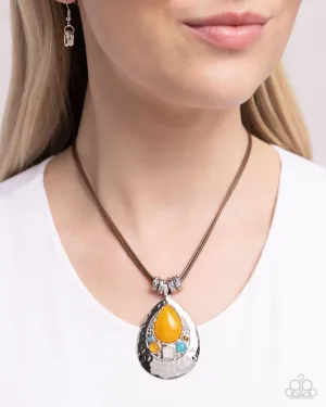 Admirably Artisan - Yellow - Teardrop and White, Blue, Orange, and Tiger's Eye Stone Paparazzi Short Necklace