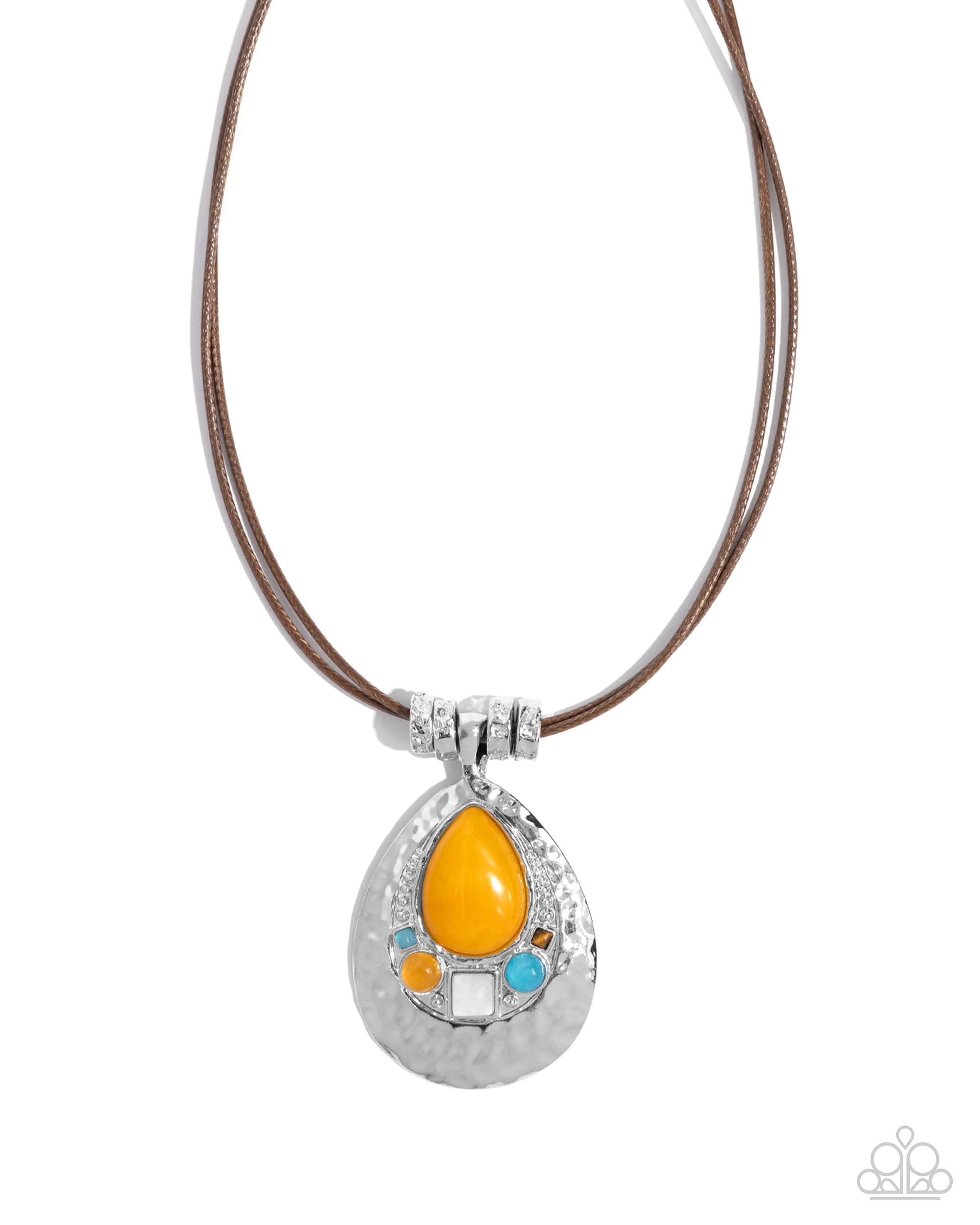 Admirably Artisan - Yellow - Teardrop and White, Blue, Orange, and Tiger's Eye Stone Paparazzi Short Necklace