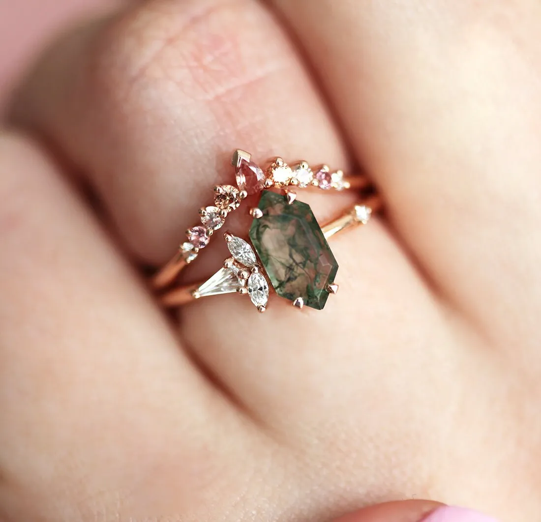 Amelia Hexagon Moss Agate Ring with Diamonds