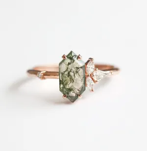 Amelia Hexagon Moss Agate Ring with Diamonds