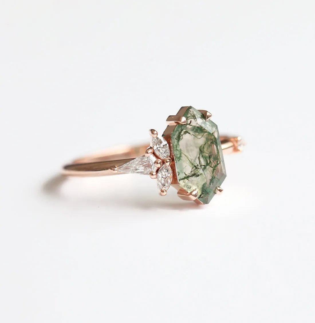 Amelia Hexagon Moss Agate Ring with Diamonds