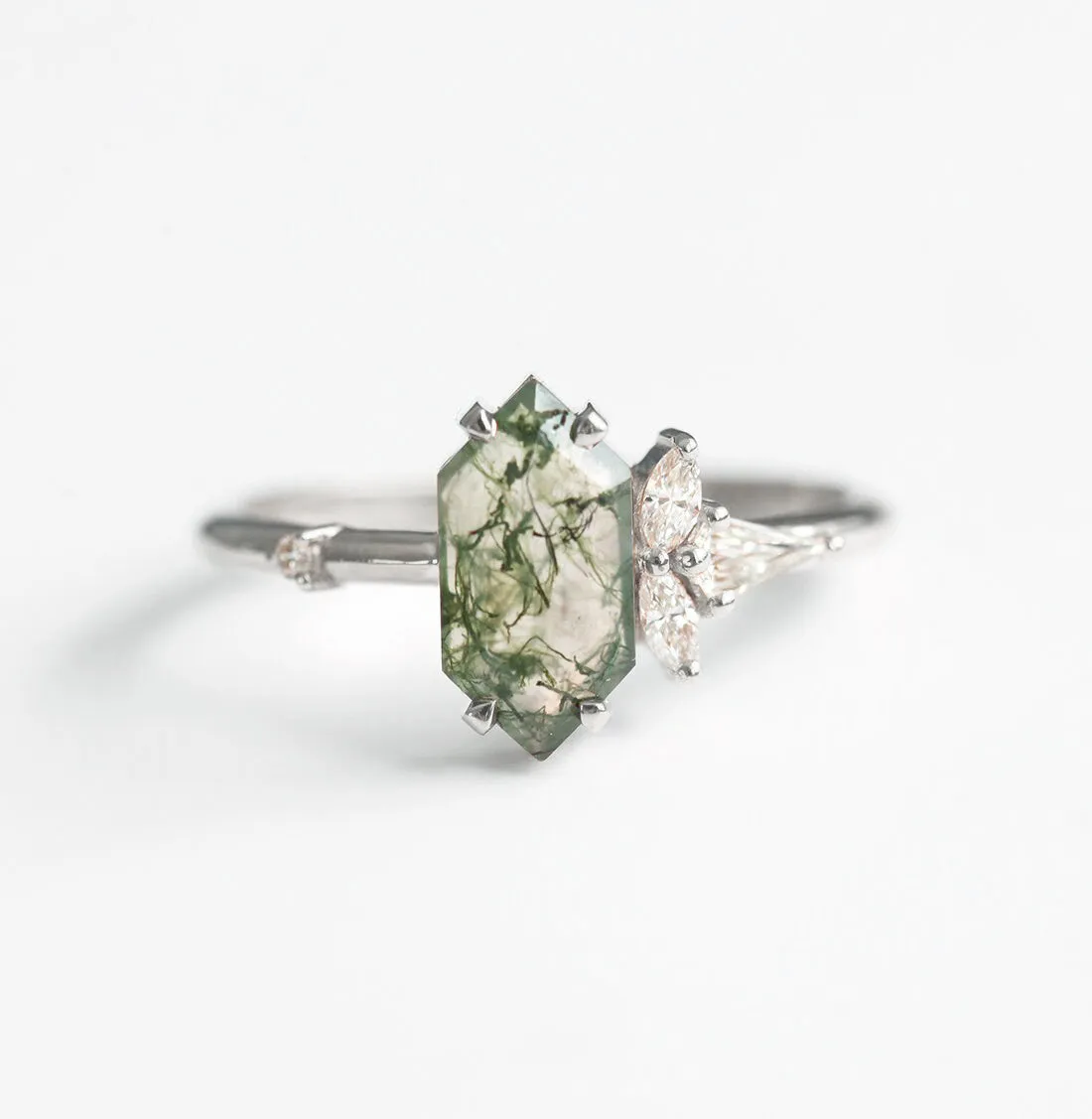 Amelia Hexagon Moss Agate Ring with Diamonds