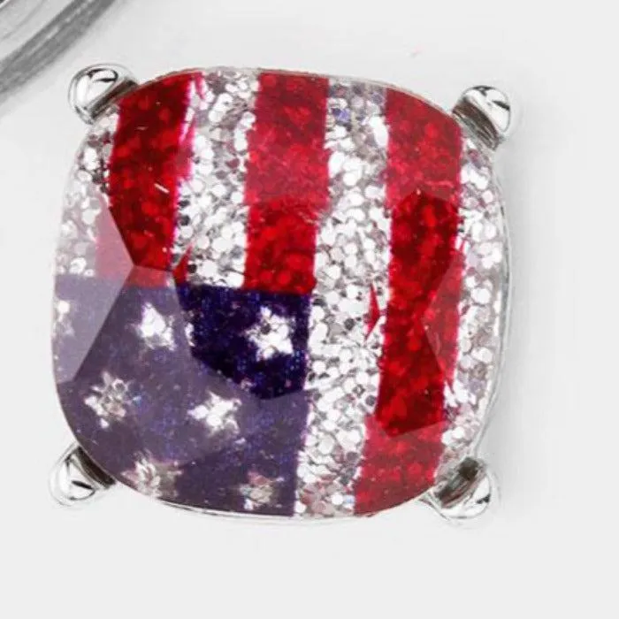 American USA Flag Glitter Square Stone Stud Earrings