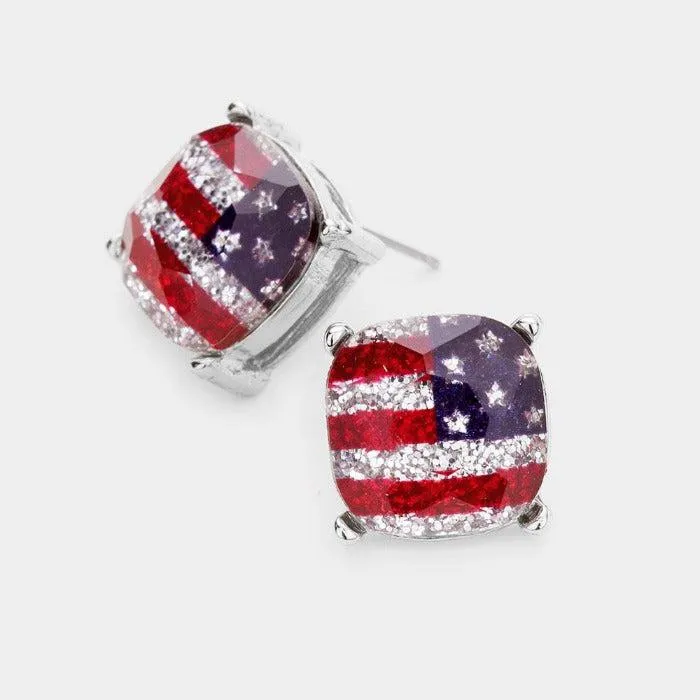 American USA Flag Glitter Square Stone Stud Earrings