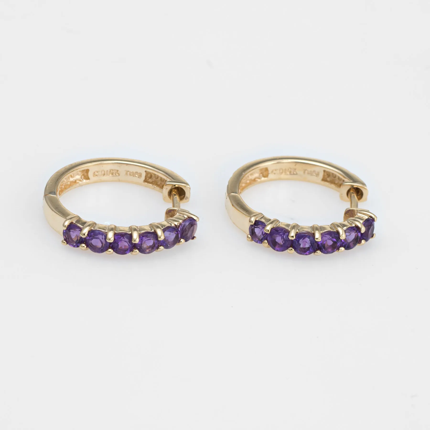 Amethyst Shrimp Earrings Estate 10k Yellow Gold Small Hoops Huggie 1/2 Inch
