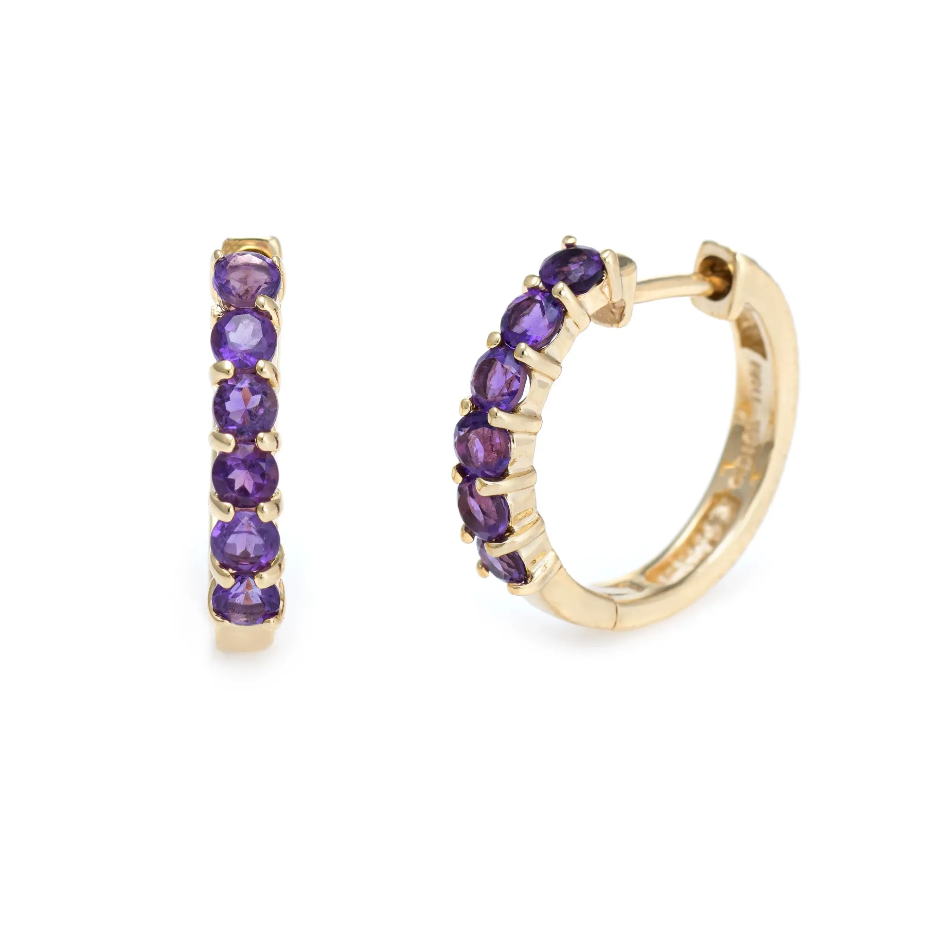 Amethyst Shrimp Earrings Estate 10k Yellow Gold Small Hoops Huggie 1/2 Inch