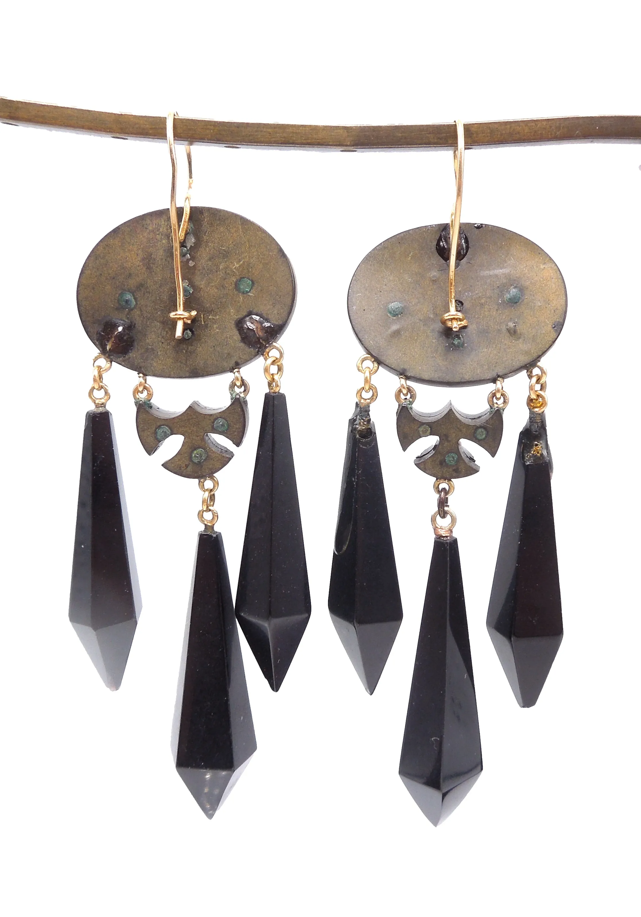 Antique Victorian Carved Jet Mourning Drop Earrings in 14K Yellow Gold