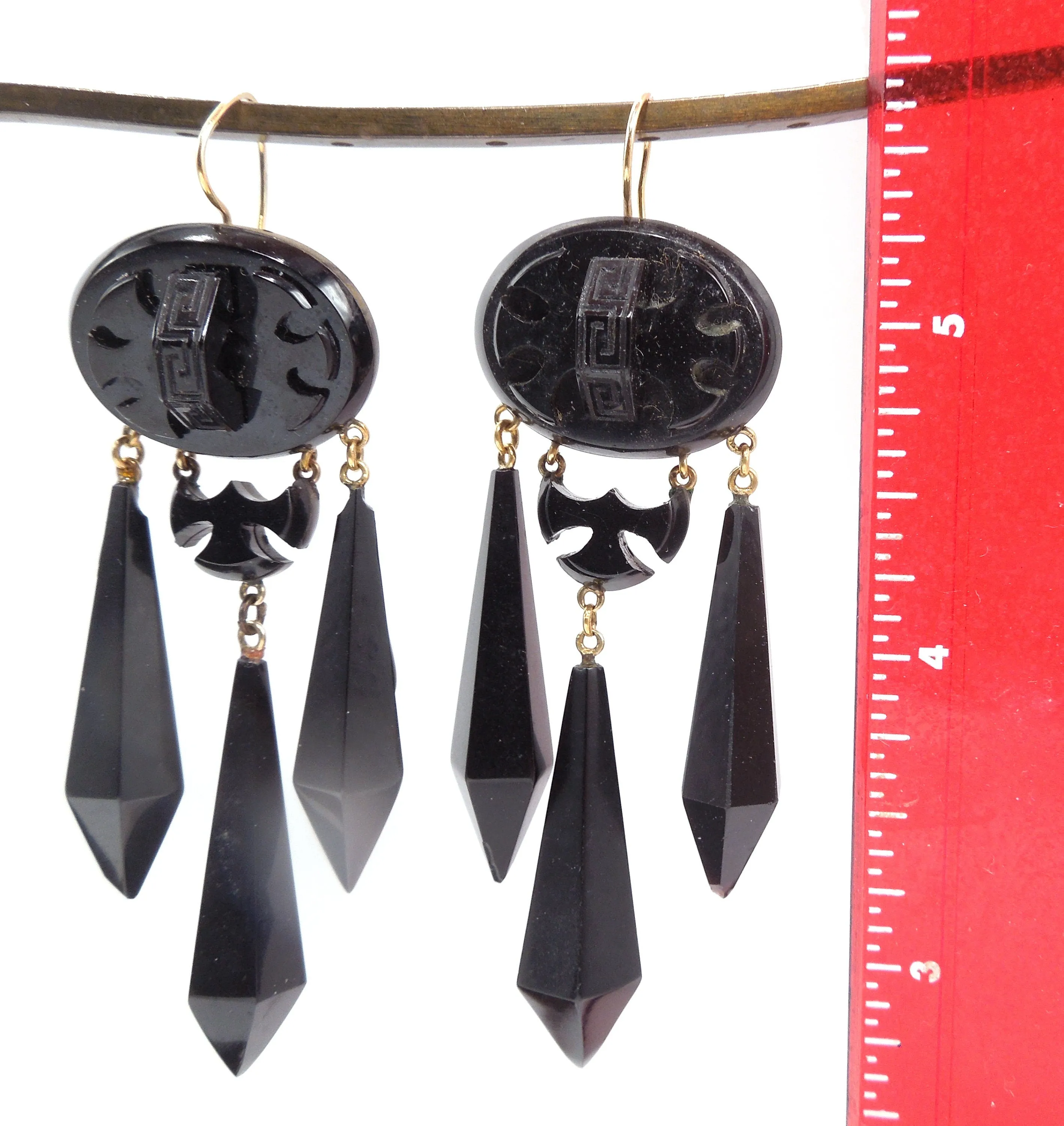 Antique Victorian Carved Jet Mourning Drop Earrings in 14K Yellow Gold
