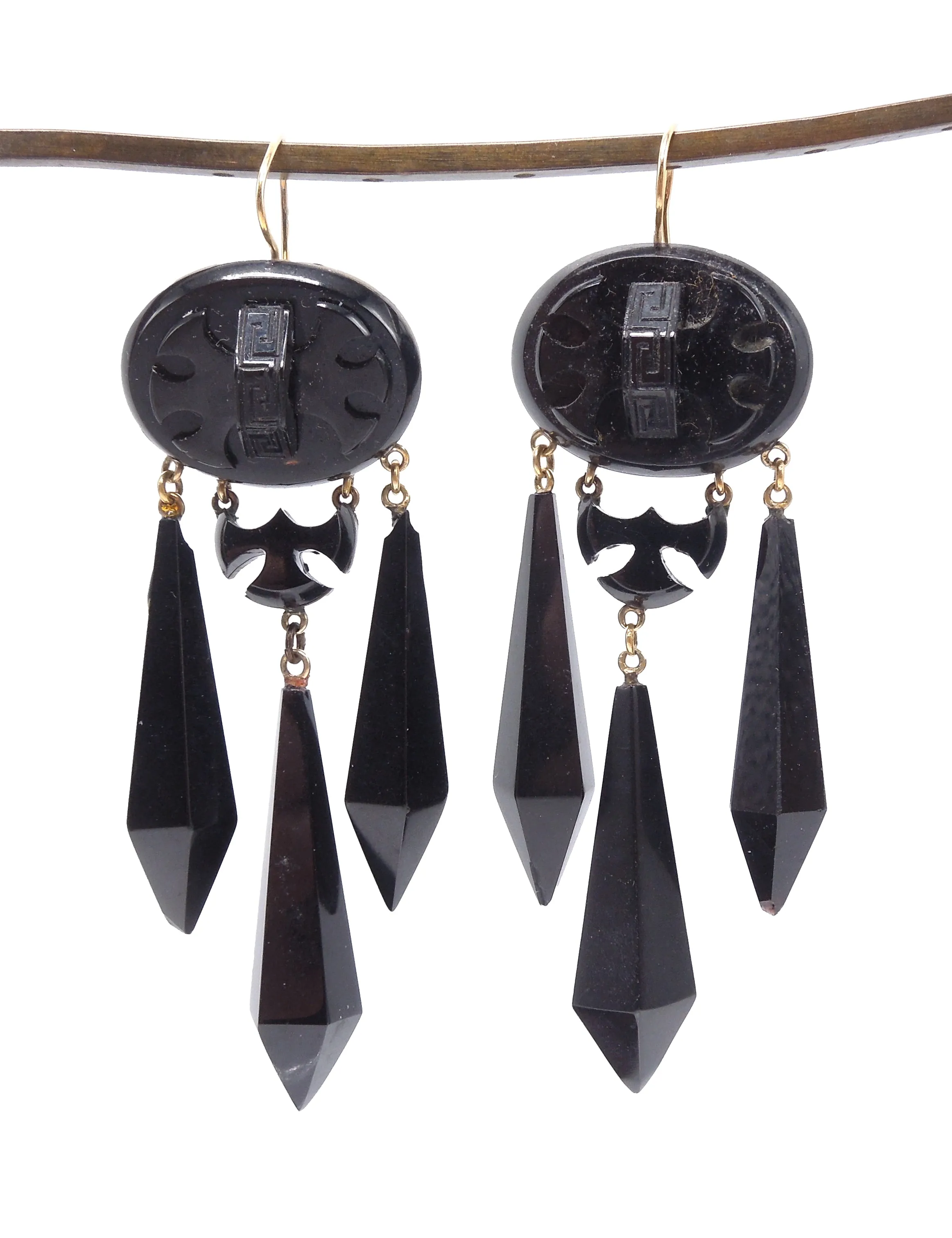 Antique Victorian Carved Jet Mourning Drop Earrings in 14K Yellow Gold