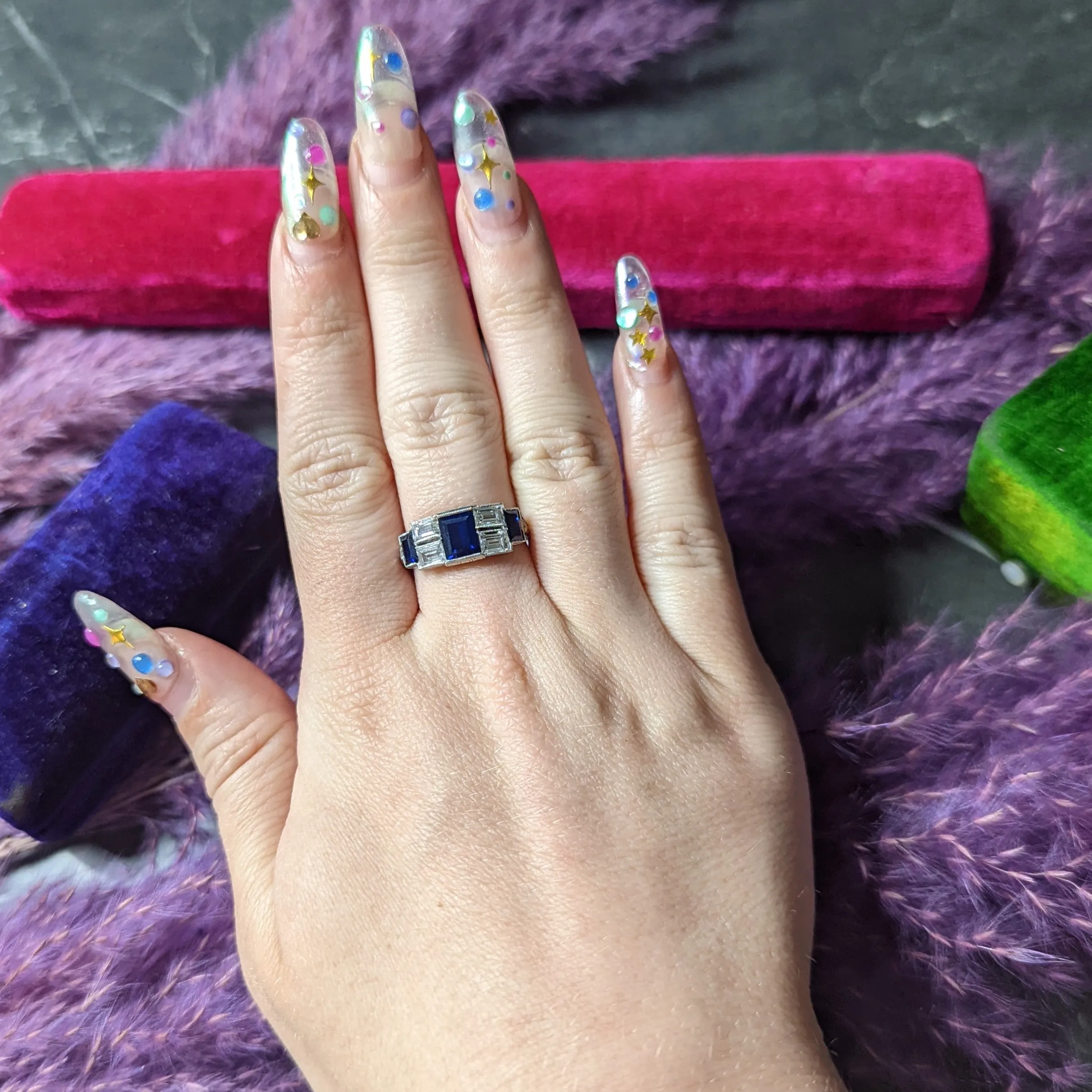 Art Deco 3.75 CTW Sapphire Diamond Platinum Gemstone Band Ring