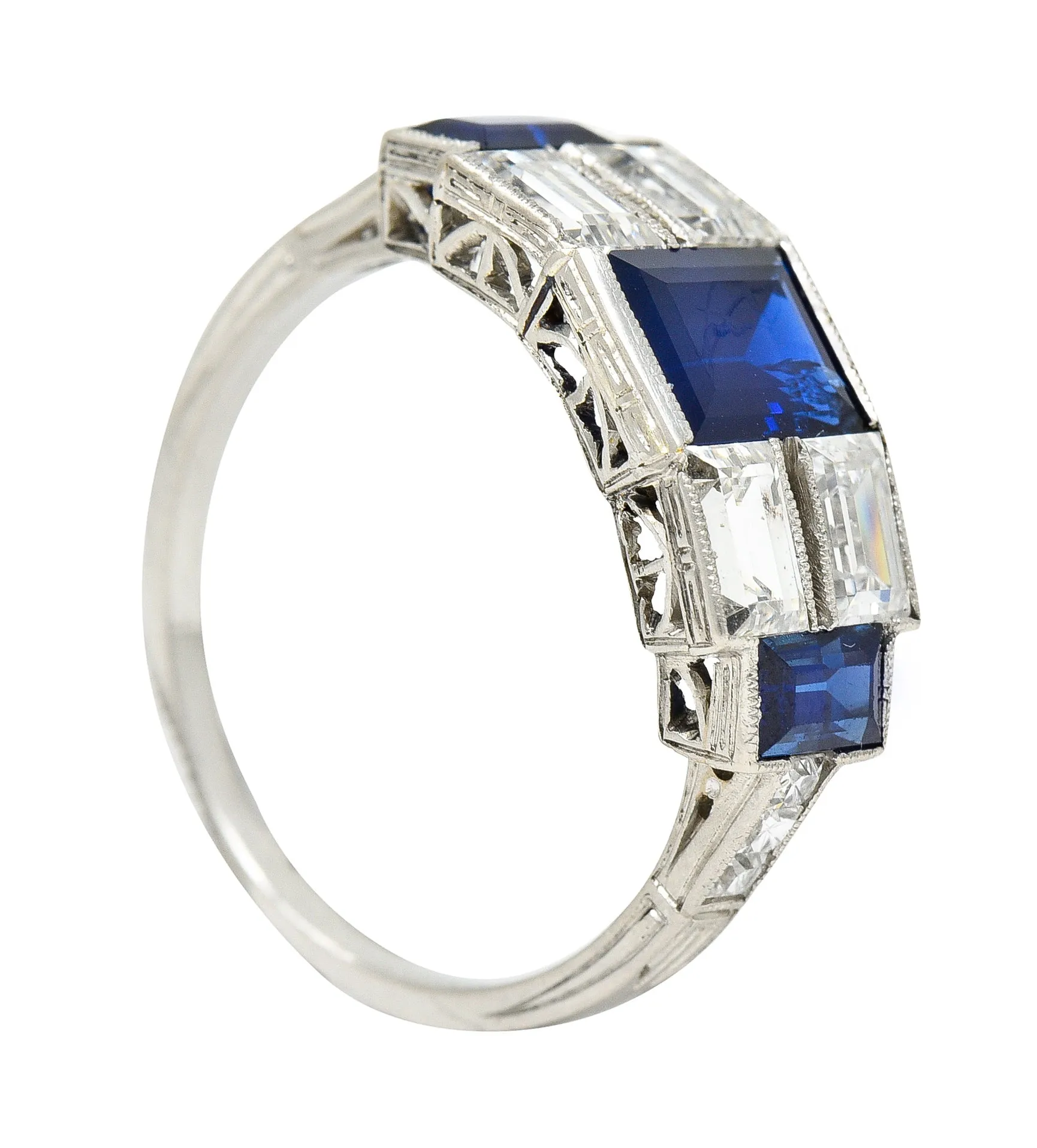 Art Deco 3.75 CTW Sapphire Diamond Platinum Gemstone Band Ring