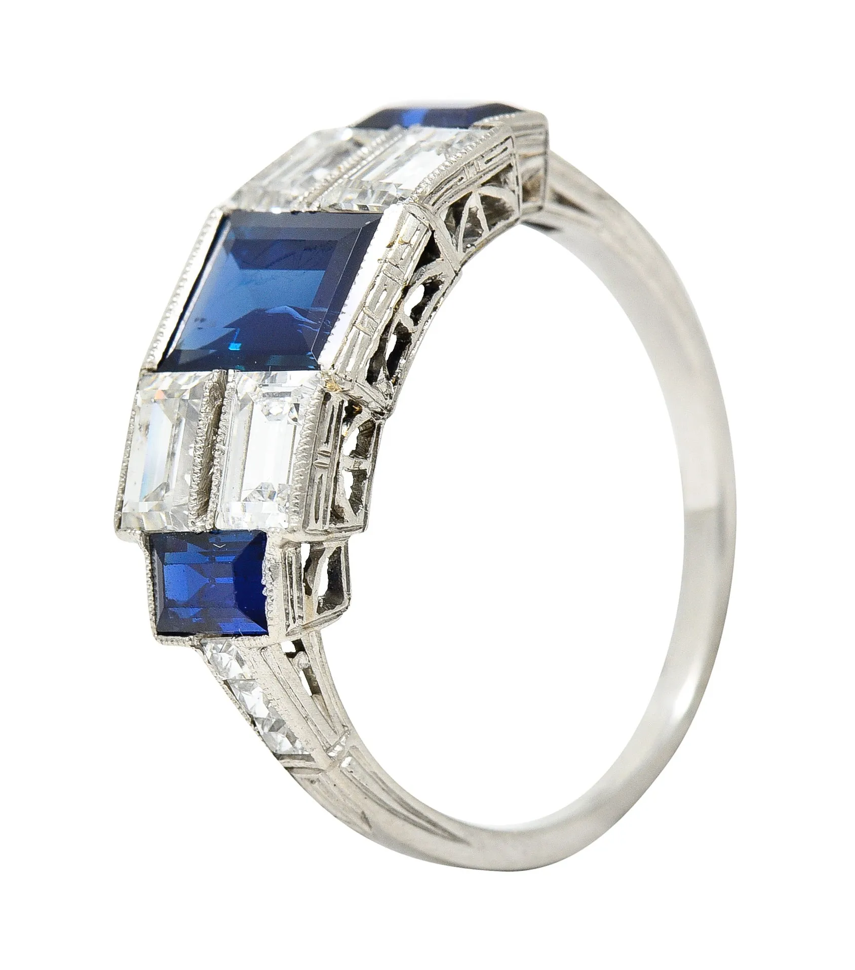 Art Deco 3.75 CTW Sapphire Diamond Platinum Gemstone Band Ring