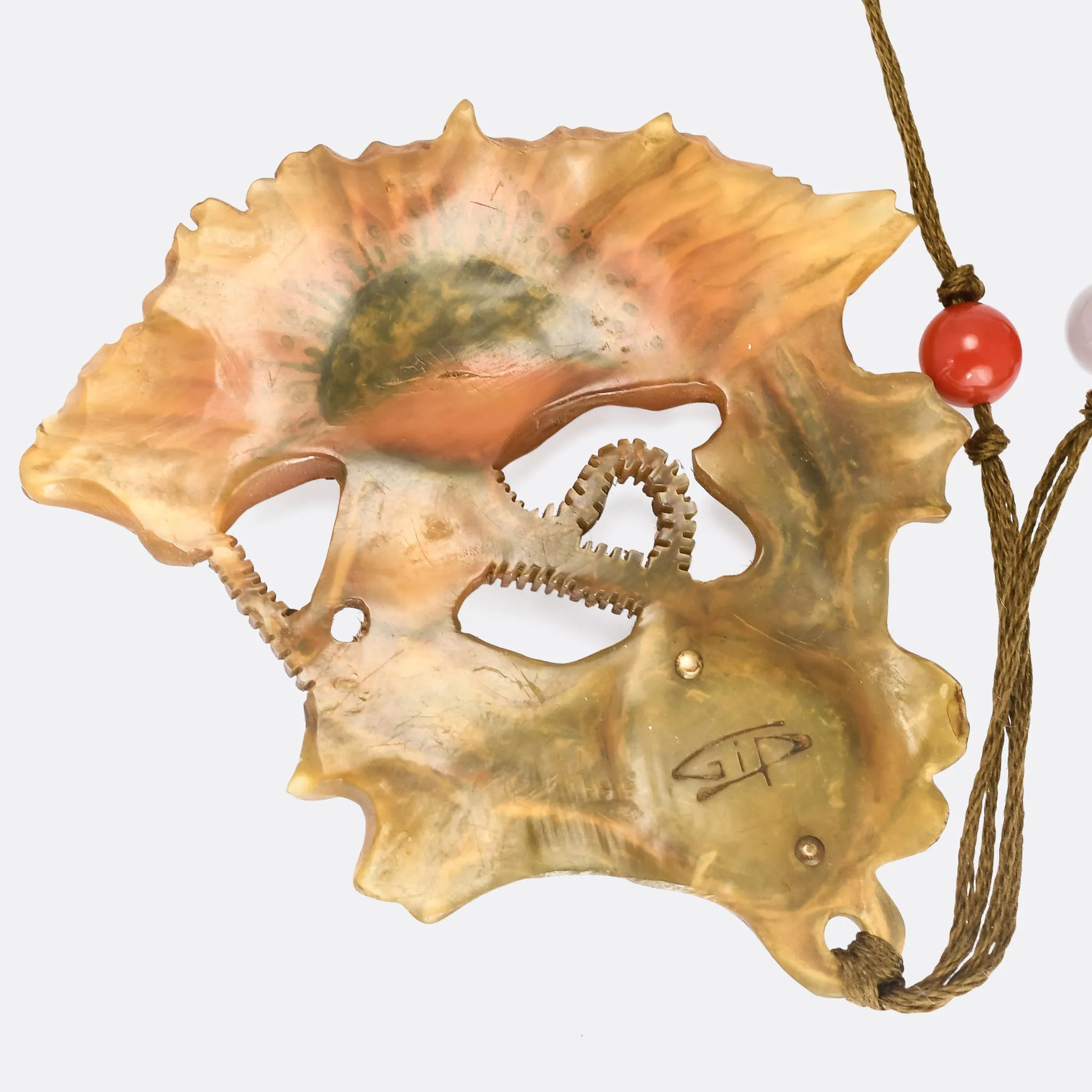 Art Nouveau Carved Horn "Poppies" Necklace by Georges Pierre