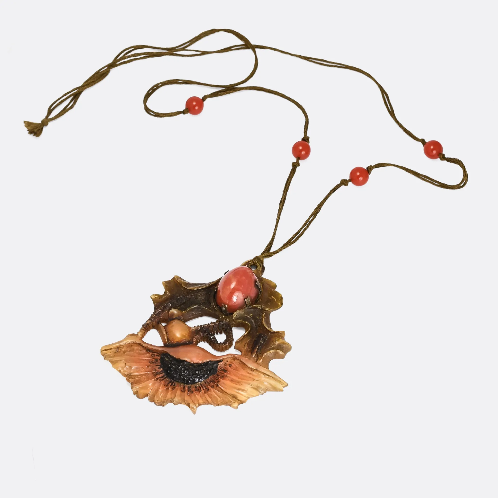 Art Nouveau Carved Horn "Poppies" Necklace by Georges Pierre