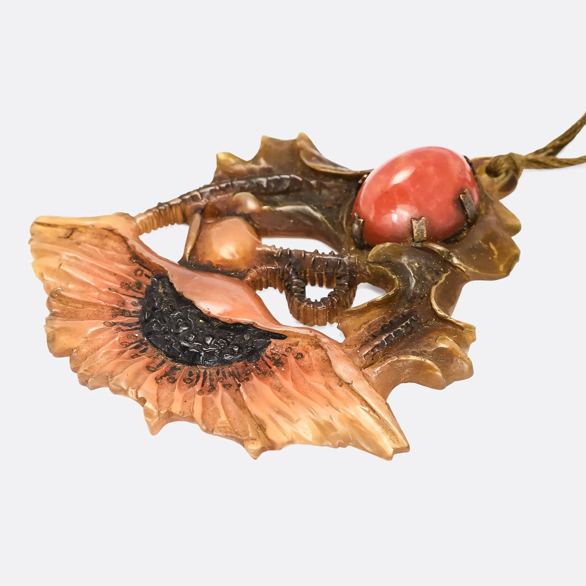 Art Nouveau Carved Horn "Poppies" Necklace by Georges Pierre