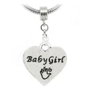 Baby Girl on Heart with Hand Print Dangle European Bead Compatible for Most European Snake Chain Bracelet
