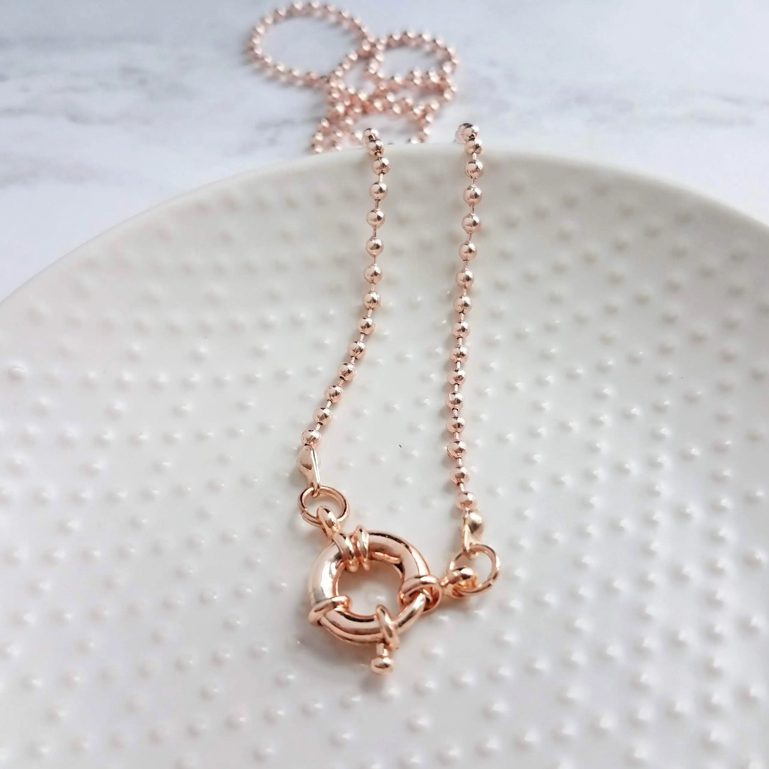 Ball Chain Necklace, rose gold ball chain, chunky front clasp necklace, sailor clasp, large round clasp, rose gold ball necklace, big clasp