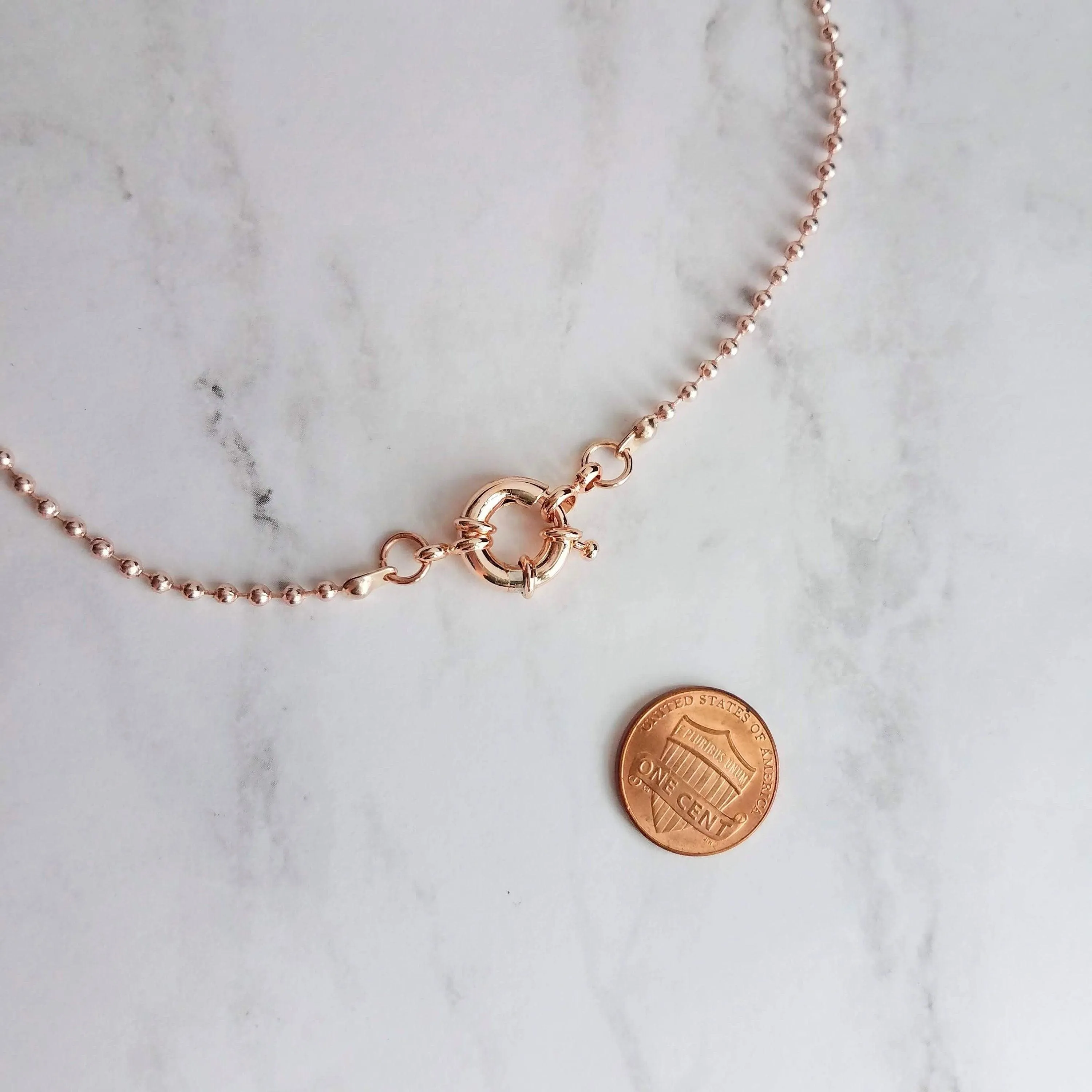 Ball Chain Necklace, rose gold ball chain, chunky front clasp necklace, sailor clasp, large round clasp, rose gold ball necklace, big clasp