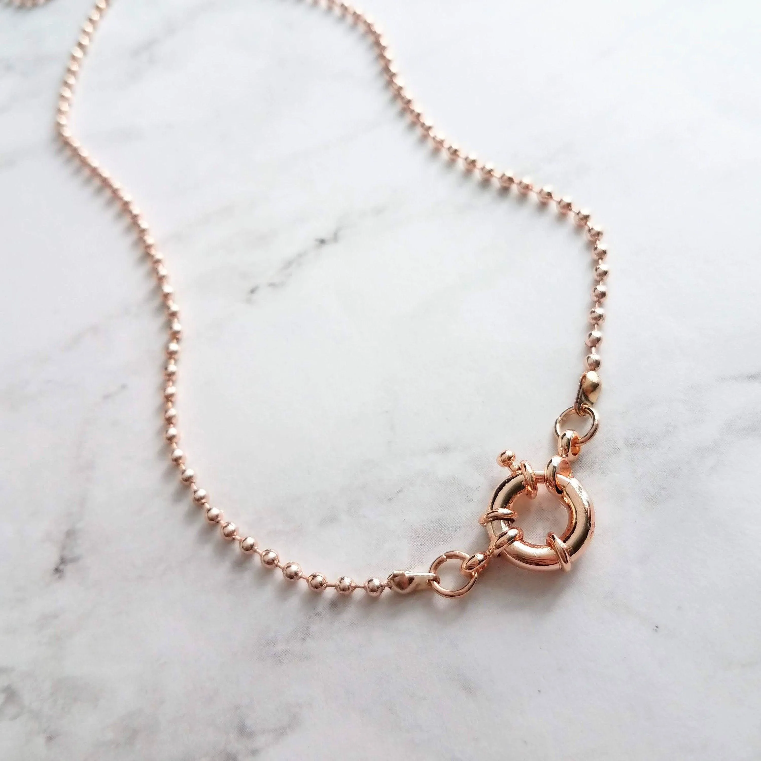 Ball Chain Necklace, rose gold ball chain, chunky front clasp necklace, sailor clasp, large round clasp, rose gold ball necklace, big clasp