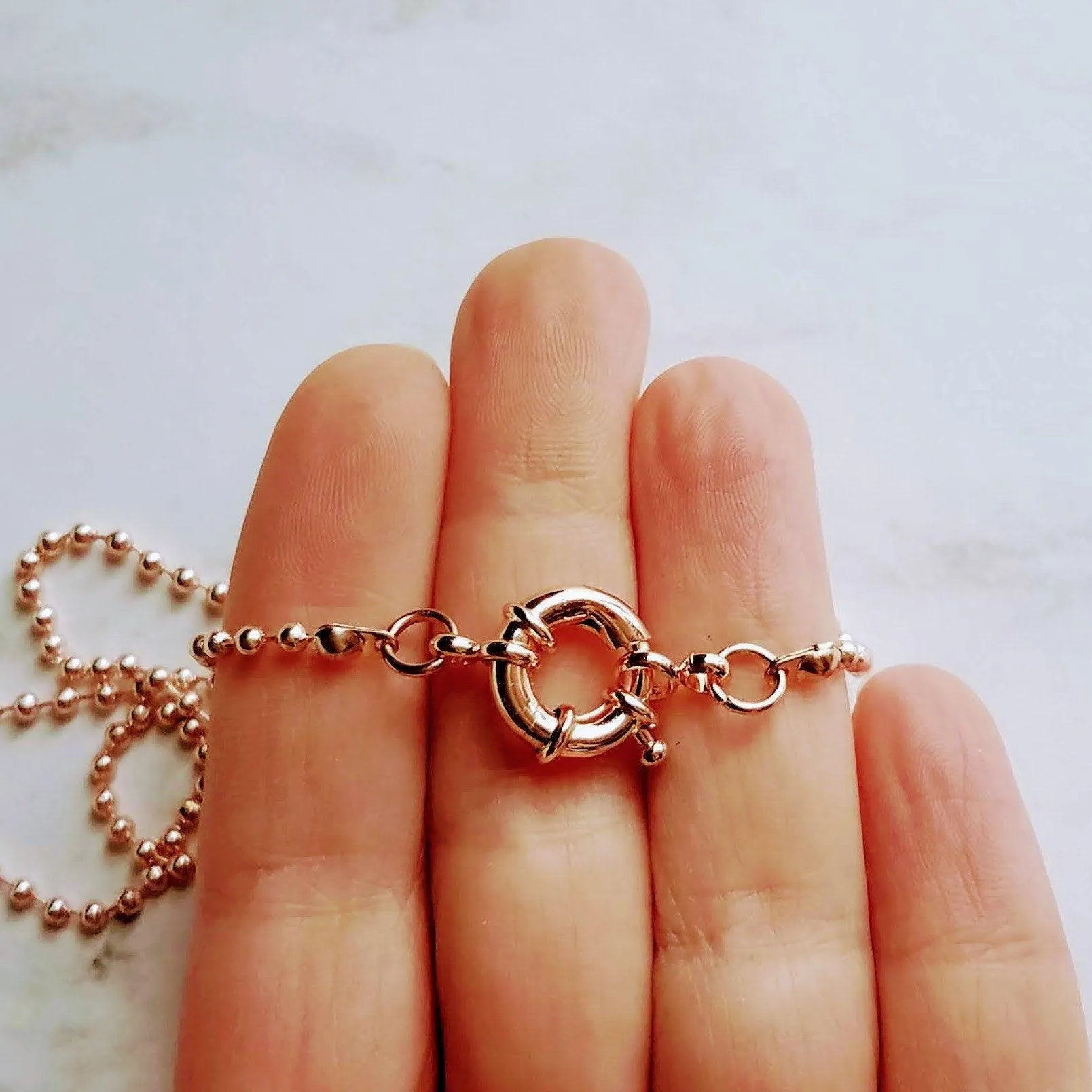 Ball Chain Necklace, rose gold ball chain, chunky front clasp necklace, sailor clasp, large round clasp, rose gold ball necklace, big clasp