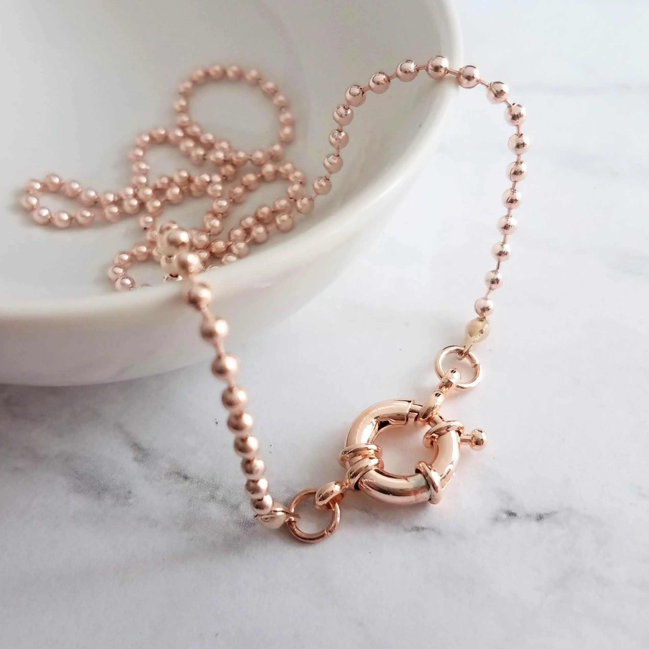 Ball Chain Necklace, rose gold ball chain, chunky front clasp necklace, sailor clasp, large round clasp, rose gold ball necklace, big clasp