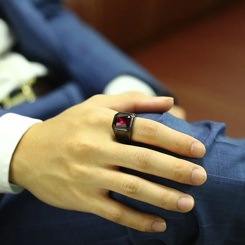 Big Stone Ring for Men Black Gold Tone Stainless Steel