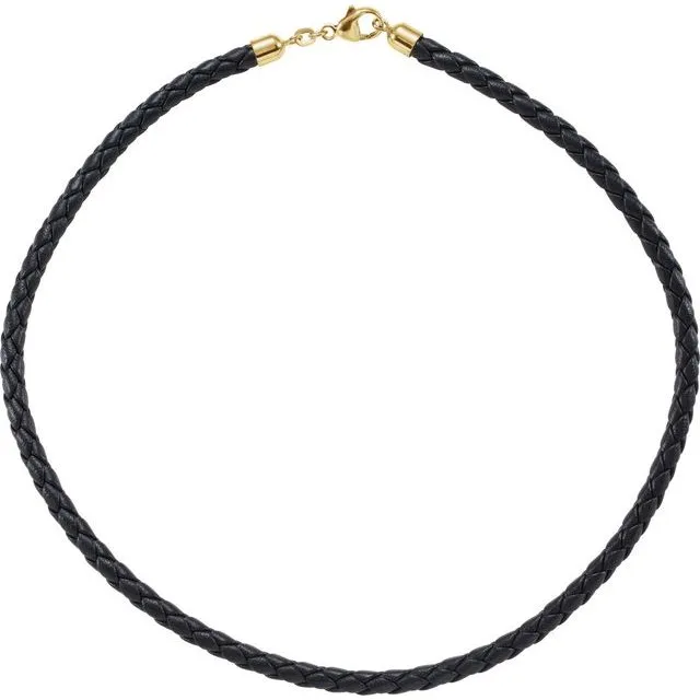 Black 5 mm Braided Leather 16" Cord with 14K Yellow Gold Lobster Clasp
