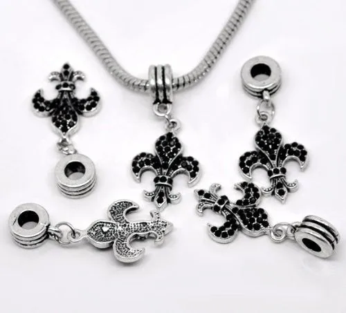 Black Fleur De Lis Dangle European Bead Compatible for Most European Snake Chain Charm Bracelet